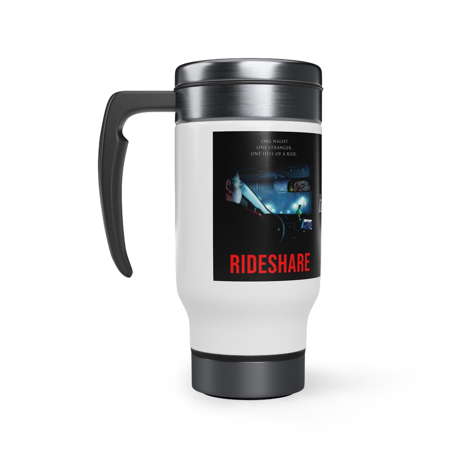 Hayhoe Studios' RIDESHARE and SiMP Poster Stainless Steel Travel Mug with Handle, 14oz