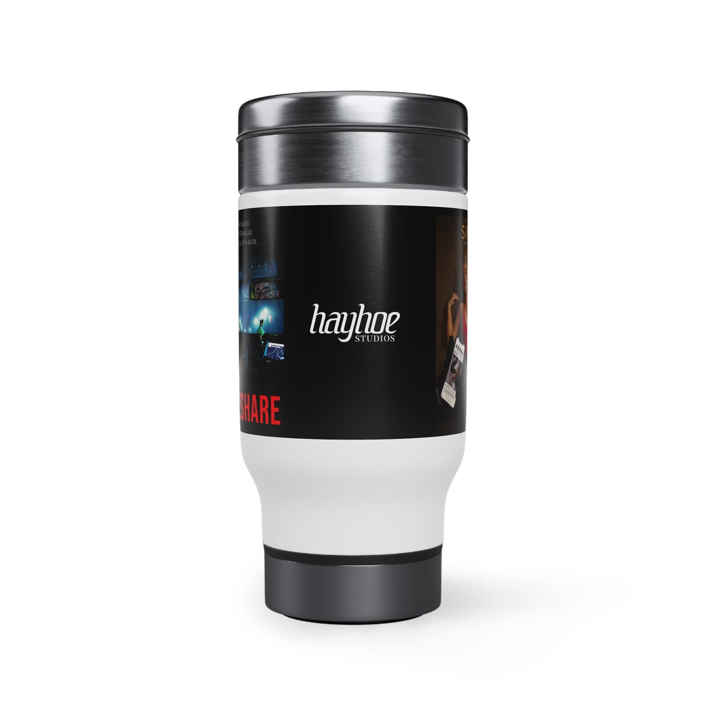 Hayhoe Studios' RIDESHARE and SiMP Poster Stainless Steel Travel Mug with Handle, 14oz