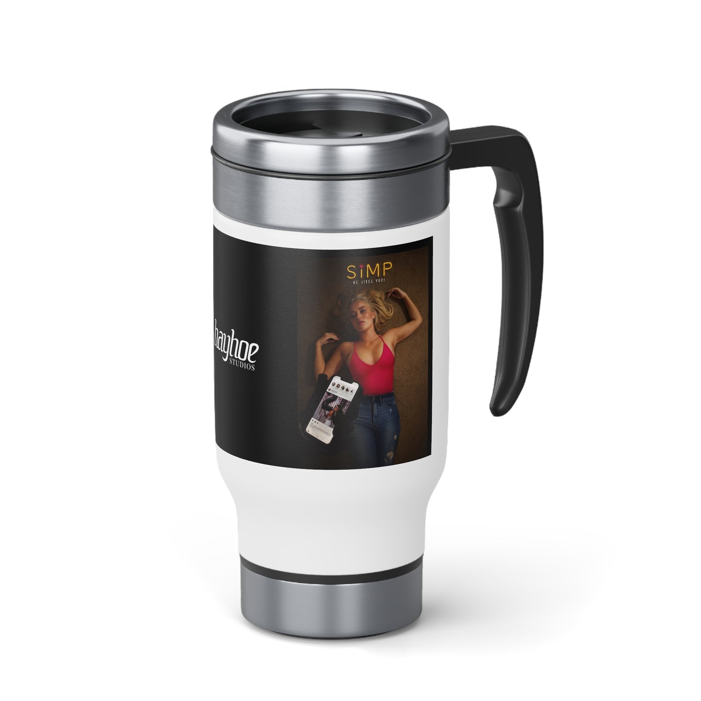 Hayhoe Studios' RIDESHARE and SiMP Poster Stainless Steel Travel Mug with Handle, 14oz