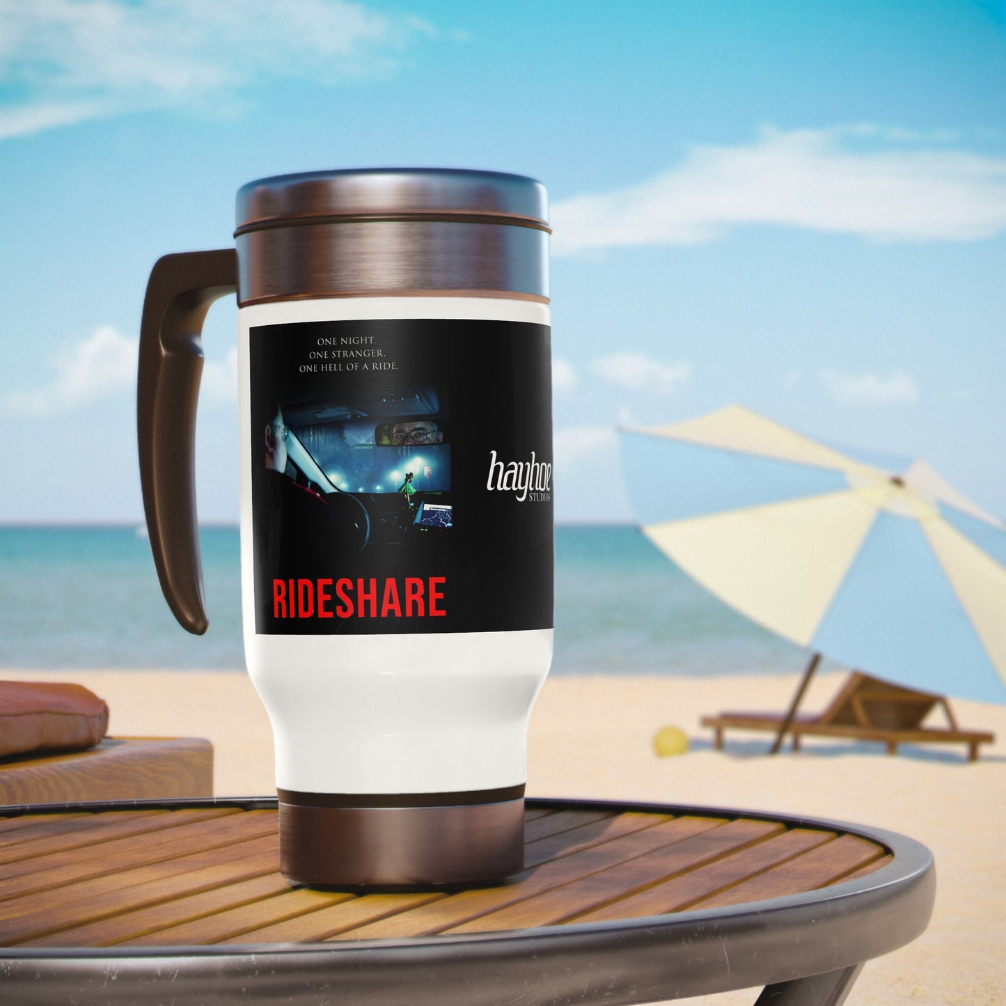 Hayhoe Studios' RIDESHARE and SiMP Poster Stainless Steel Travel Mug with Handle, 14oz
