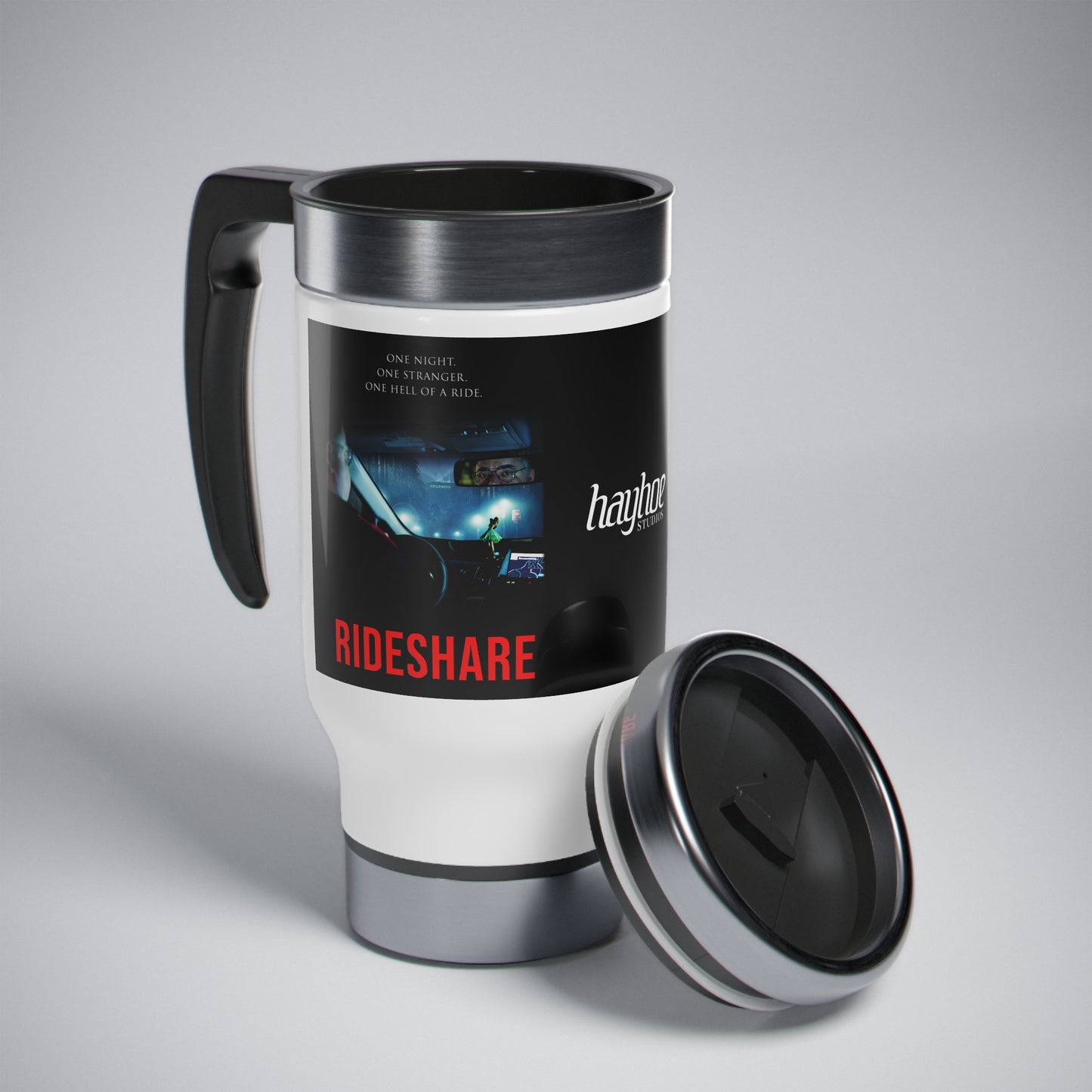Hayhoe Studios' RIDESHARE and SiMP Poster Stainless Steel Travel Mug with Handle, 14oz