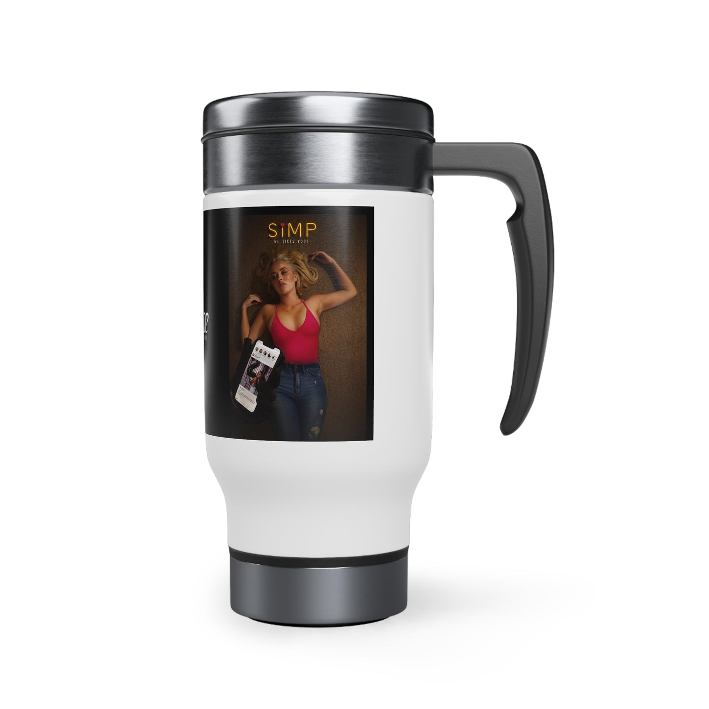 Hayhoe Studios' RIDESHARE and SiMP Poster Stainless Steel Travel Mug with Handle, 14oz