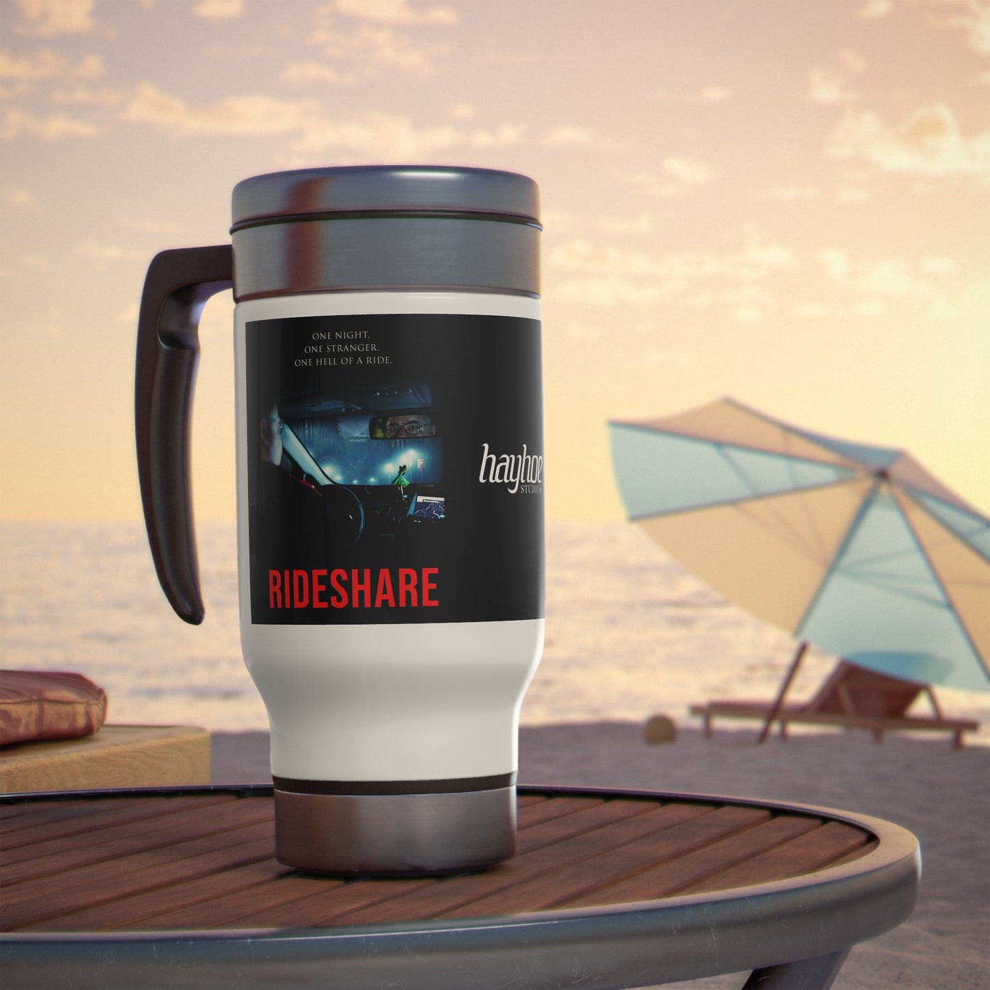 Hayhoe Studios' RIDESHARE and SiMP Poster Stainless Steel Travel Mug with Handle, 14oz